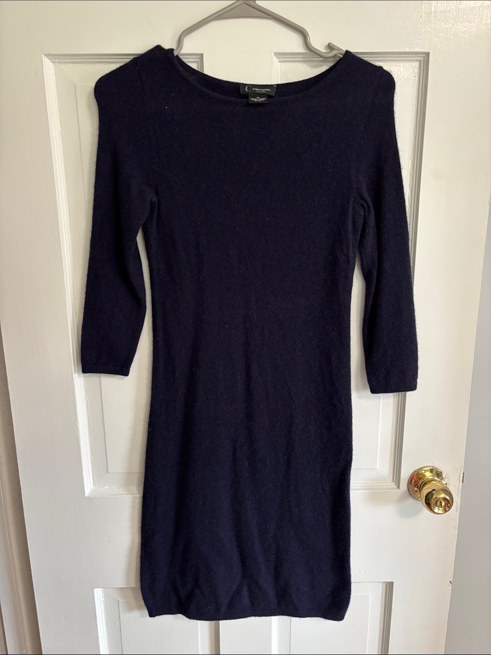 Bloomingdale’s 100% Cashmere Navy 3/4 Sleeve Bodycon Midi Dress